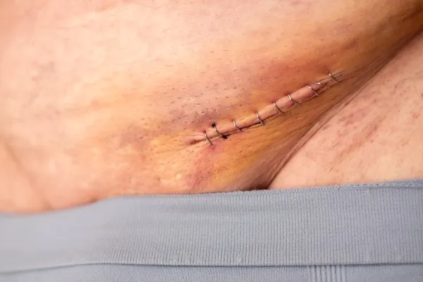 Herida en etapa media de recuperación postoperatoria de abdominoplastia Proceso de cicatrización en la zona abdominal tras abdominoplastia recuperación