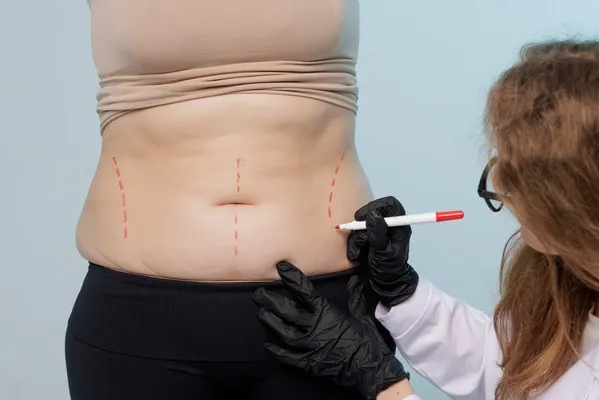 Cirujano trazando líneas sobre abdomen flácido, explicando la diferencia entre abdominoplastia y lipoescultura en la consulta. Evaluación médica del abdomen para determinar si se requiere abdominoplastia por exceso de piel o lipoescultura por grasa localizada.