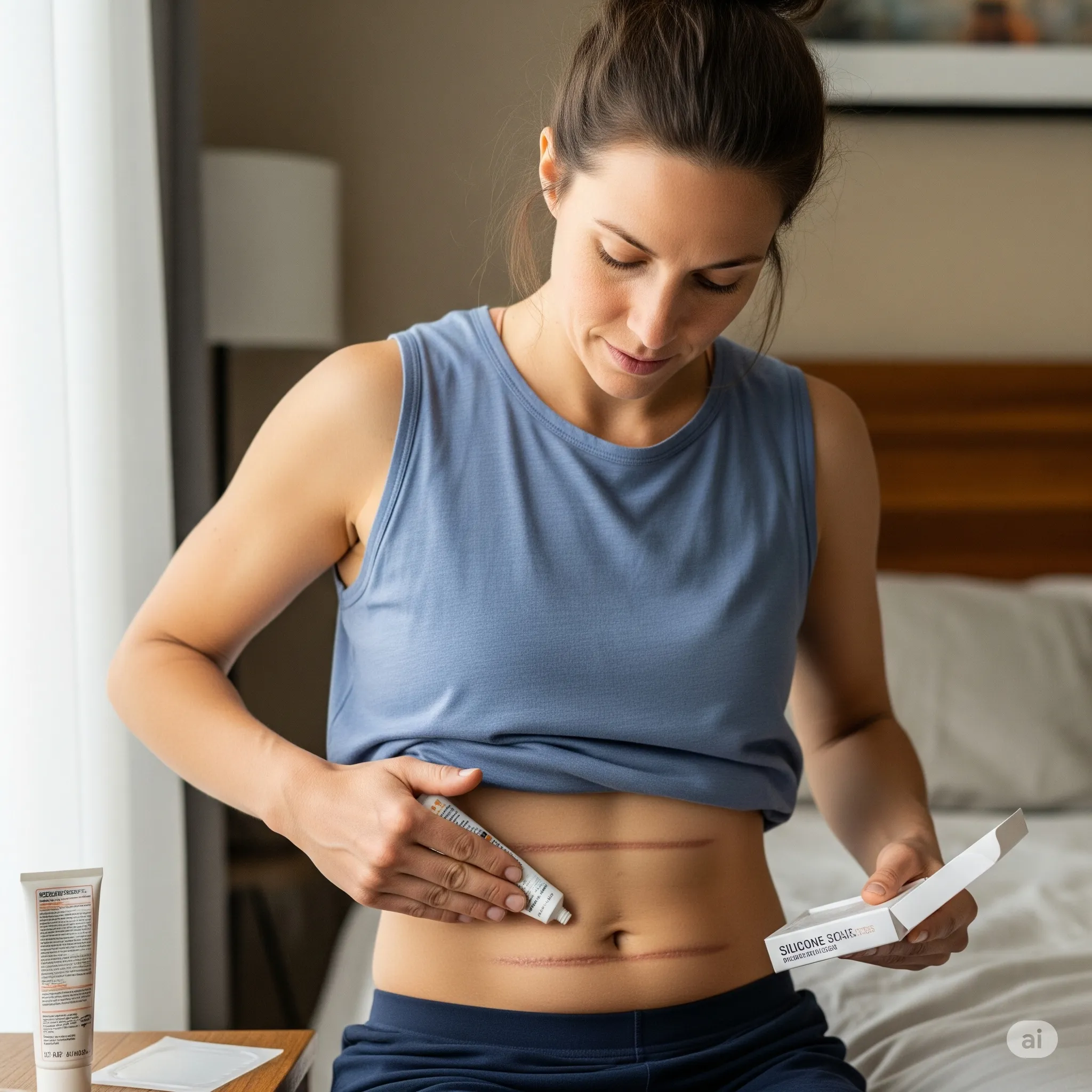 Imagen de una mujer aplicándose cuidadosamente crema cicatrizante en el abdomen como parte del cuidado esencial en la recuperación post Mommy-Makeover