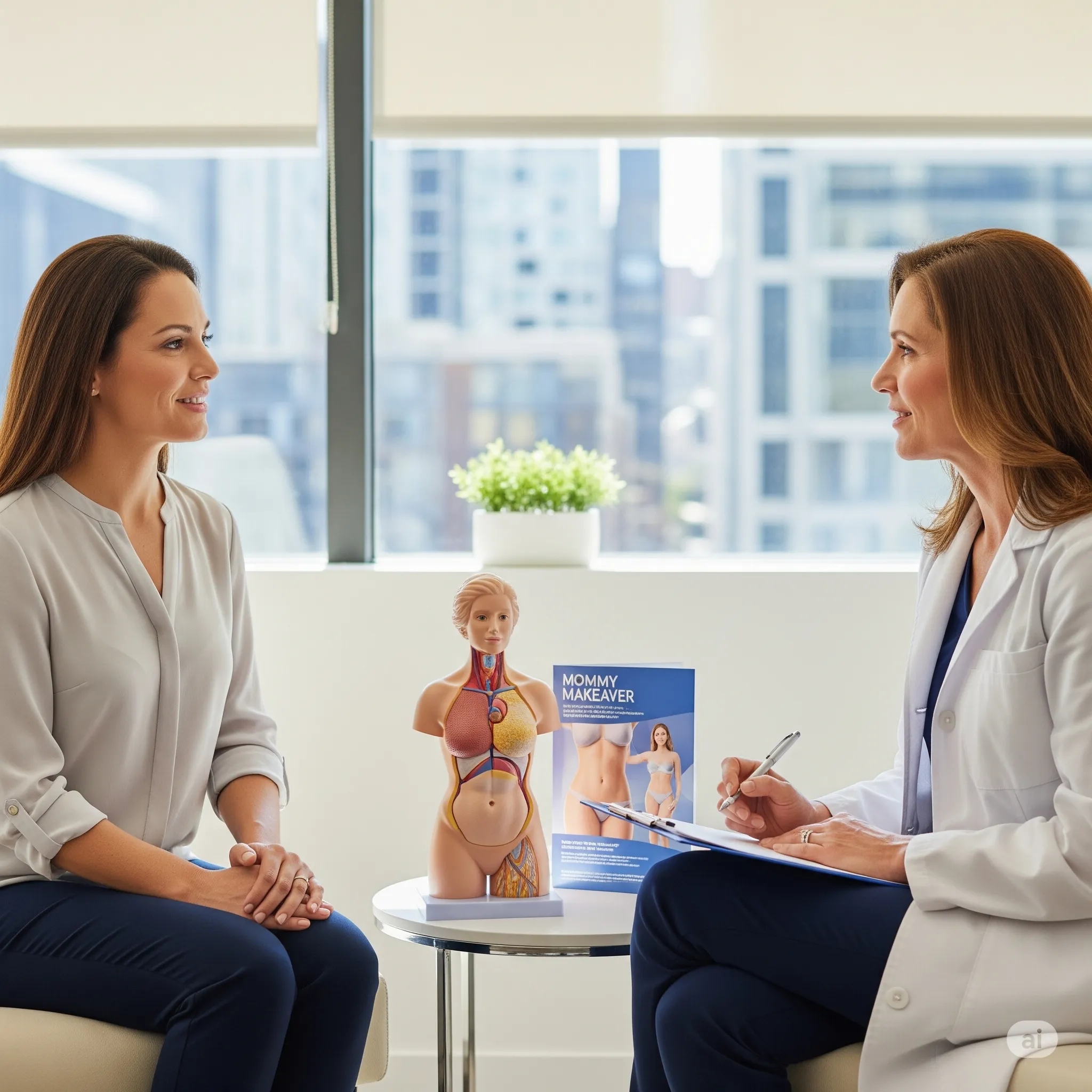 Mujer en consulta con su cirujana compartiendo cómo se ha sentido tras la operación, enfocándose en el impacto psicológico Mommy Makeover en su autoestima y bienestar