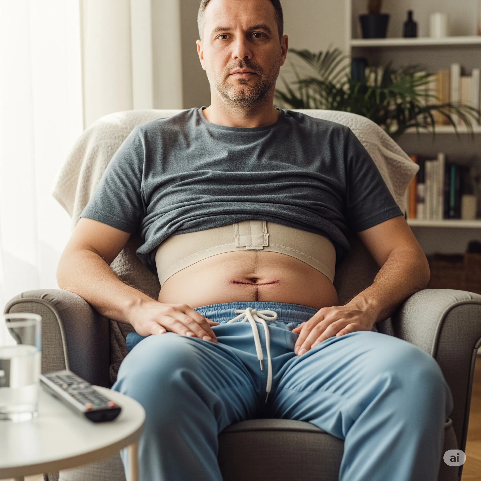Hombre descansando en su sillón con vendajes visibles en el abdomen como parte de su recuperación post daddy makeover