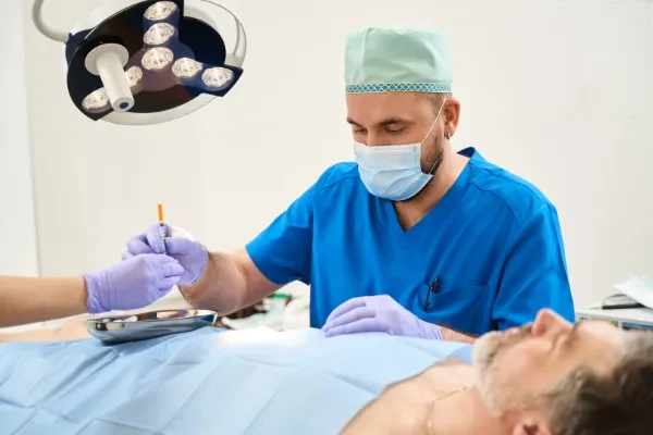 Un cirujano plástico certificado recibe una jeringa de su asistente bajo la luz de un quirófano, listo para un procedimiento.