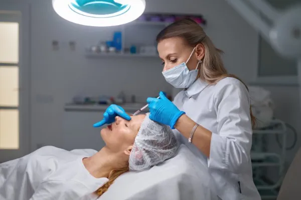 Cosmetóloga aplicando inyección de relleno dérmico en el rostro de una paciente parte de la variedad de tipos de rellenos faciales