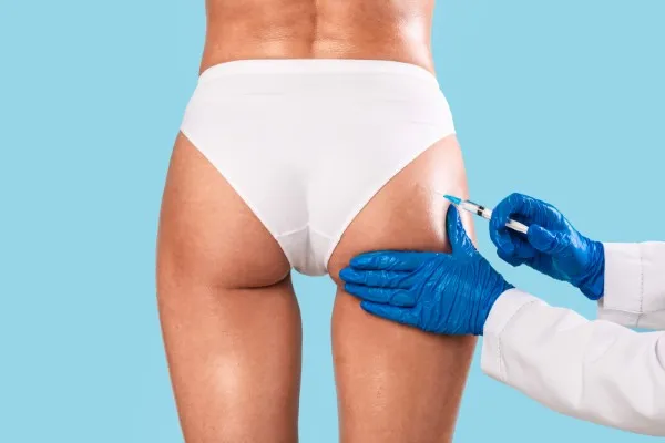 Inyección en el glúteo de una mujer de pie, realizada por un médico con bata blanca y guantes azules, como parte de la gluteoplastia