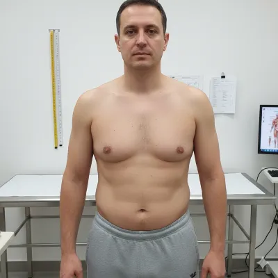 Hombre de mediana edad de pie en un consultorio médico, mostrando un agrandamiento notorio y simétrico de ambas mamas