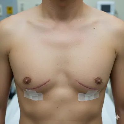 Vista frontal del pecho de un hombre con cicatrices post-quirúrgicas y apósitos tras una mamoplastia de reducción