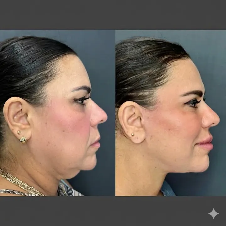 Antes y después de un lifting facial que redefine la línea de la mandíbula y reduce la papada, visto de perfil.